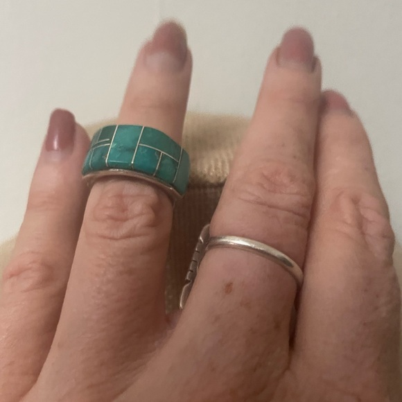 RELISTED! Zuni made; thick shank Turquoise and Silver inlaid Mosaic Ring🌵 - Picture 2 of 8